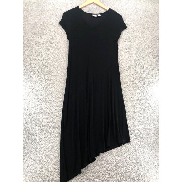 Chicos Dress Womens 0 US 4 Black Travelers Knit Midi Shift Asymmetric Stretch - Picture 1 of 10